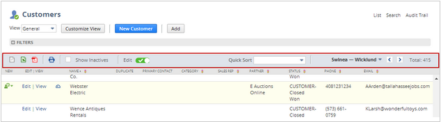 Listados de la interfaz de NetSuite